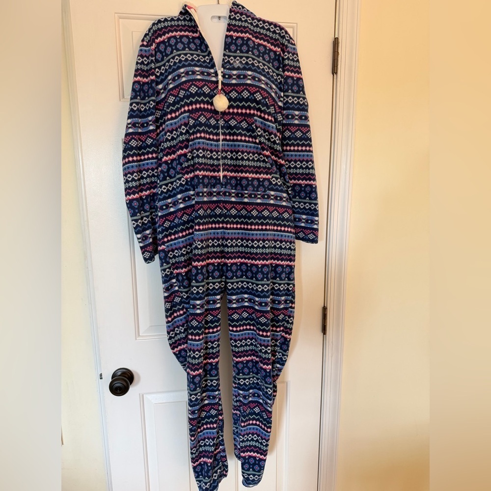 HOODED ADULT ONE PIECE PAJAMAS GEOMETRIC SHERPA LINED HOOD